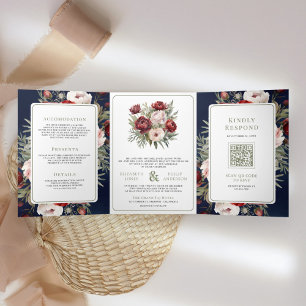 Invitación Tríptica Boda Todo en Uno Burgundy Blush Rosa Floral Navy