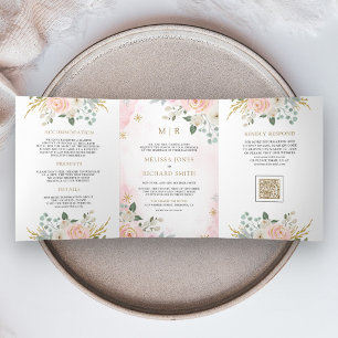 Invitación Tríptica Boda Todo en Uno Código QR Floral Rosa Rubor Dorad