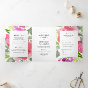 Invitación Tríptica Boda todo en uno con color de agua floral de muell