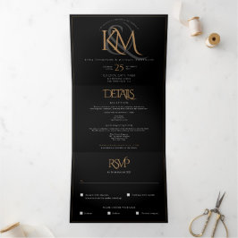 Invitación Tríptica Boda Todo En Uno Con Monograma Moderno Negro Oro