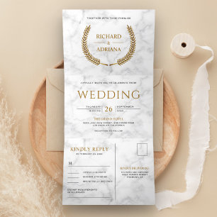 Invitación Tríptica Boda Todo en Uno Corona de Laurel de Mármol Blanco