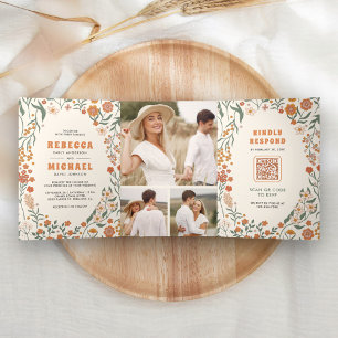 Invitación Tríptica Boda Todo en Uno Cream Naranja Groovy Wildflower