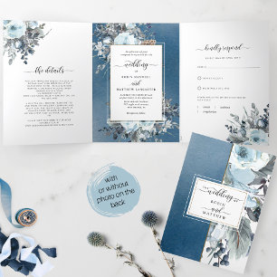 Invitación Tríptica Boda Todo en Uno Floral Azul con RSVP