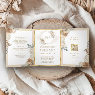 Invitación Tríptica Boda Todo en Uno Marfil Suave Beige Floral Oro