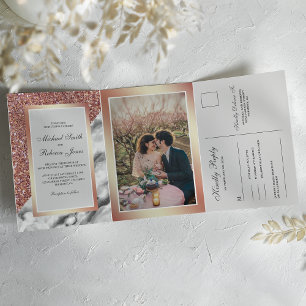 Invitación Tríptica Boda Todo en Uno Mármol Blanco con Brillo de Oro R