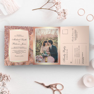 Invitación Tríptica Boda Todo en Uno Mármol Rosa Dorado Brillante