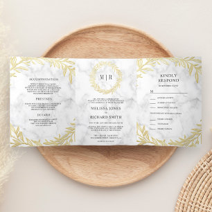 Invitación Tríptica Boda Todo en Uno Rama de Hoja de Oro de Mármol Bla