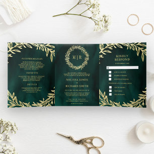 Invitación Tríptica Boda Todo en Uno Rama de Hoja de Oro Verde Esmeral