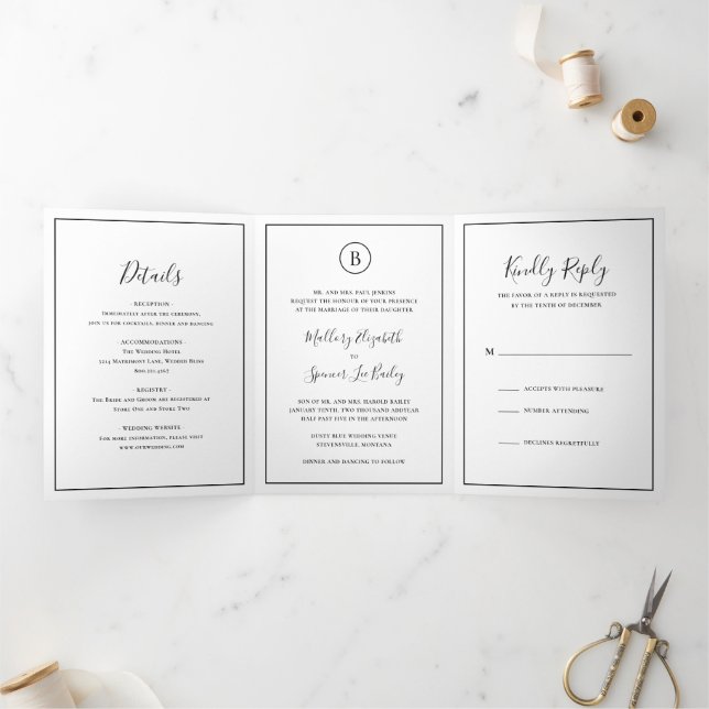Invitación Tríptica Boda tradicional elegante en blanco y negro (Interior)
