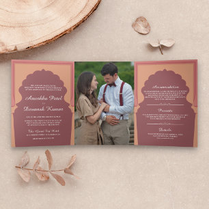 Invitación Tríptica Boda Tradicional India Arco Rosa Vintage