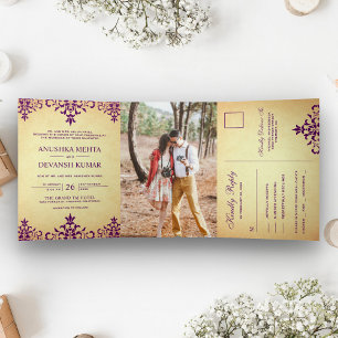 Invitación Tríptica Boda Tradicional India de Damasco Púrpura Vintage