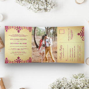 Invitación Tríptica Boda tradicional india de damasco rosa vintage