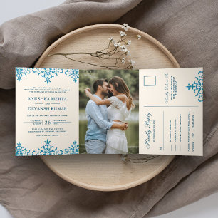 Invitación Tríptica Boda tradicional india de elegante damasco azul