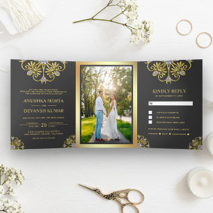 Invitación Tríptica Boda tradicional india de mandala gris y dorado