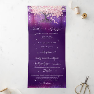 Invitación Tríptica Boda Tri- Lila Lila y Corazón Rosa Hoja Árbol