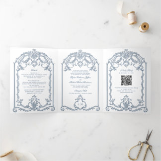 Invitación Tríptica Boda tricornio barroco de origen azul francés