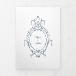 Invitación Tríptica Boda tricornio barroco de origen azul francés