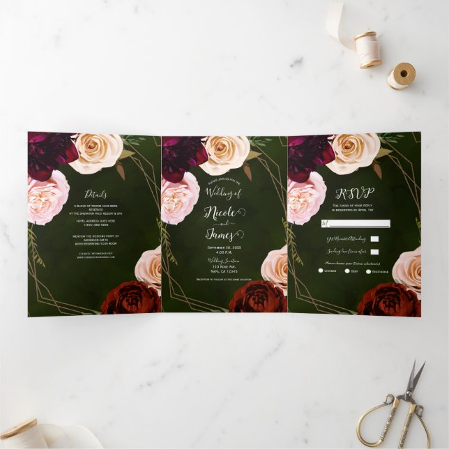 Invitación Tríptica Boda Trifold Floral Oscuro de Oro Verde Esmeralda  (Interior)