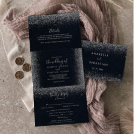 Invitación Tríptica Boda triple de caligrafía de confetti plateado
