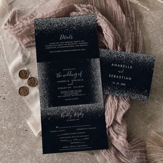 Invitación Tríptica Boda triple de caligrafía de confetti plateado (Subido por el creador)