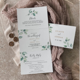 Invitación Tríptica Boda triplemente clásico de hojas verdes formales