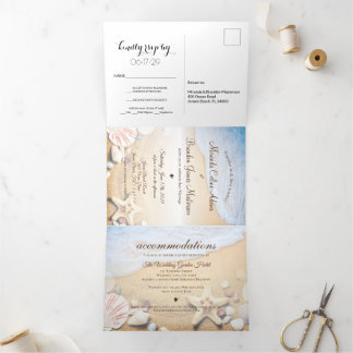 Invitación Tríptica Boda Tropical Beach Starfish Summer Tri-Fold In
