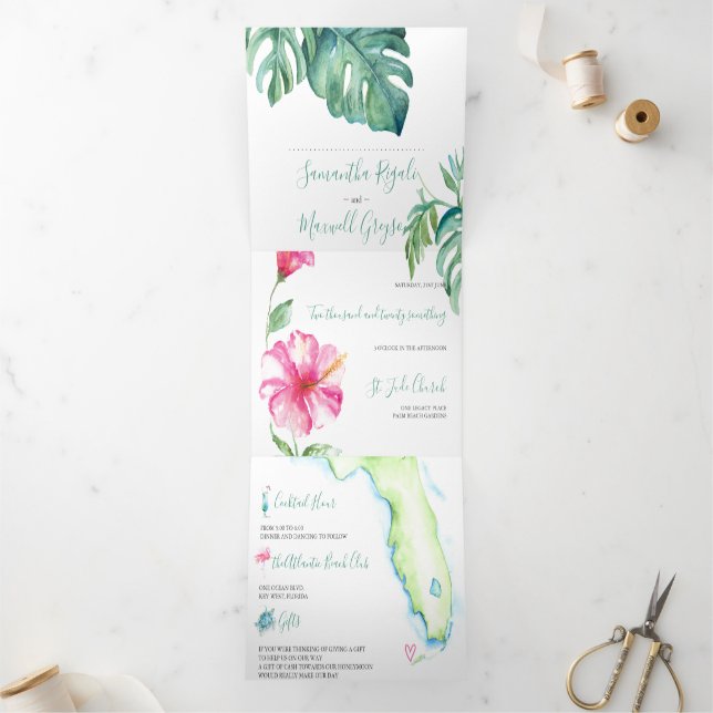 Invitación Tríptica Boda Tropical De Florida Todo En Una Flora (Interior)