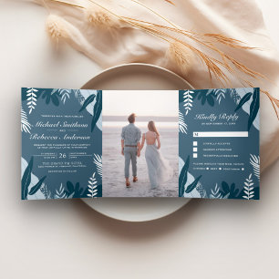Invitación Tríptica Boda Tropical de Palma Azul Polvoriento Todo en Un