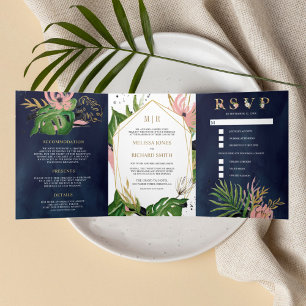 Invitación Tríptica Boda Tropical Salvaje Rosa Dorado Floral Azul Mari