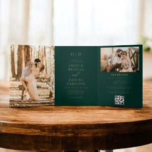 Invitación Tríptica Boda verde esmeralda de dos fotos de oro moderno