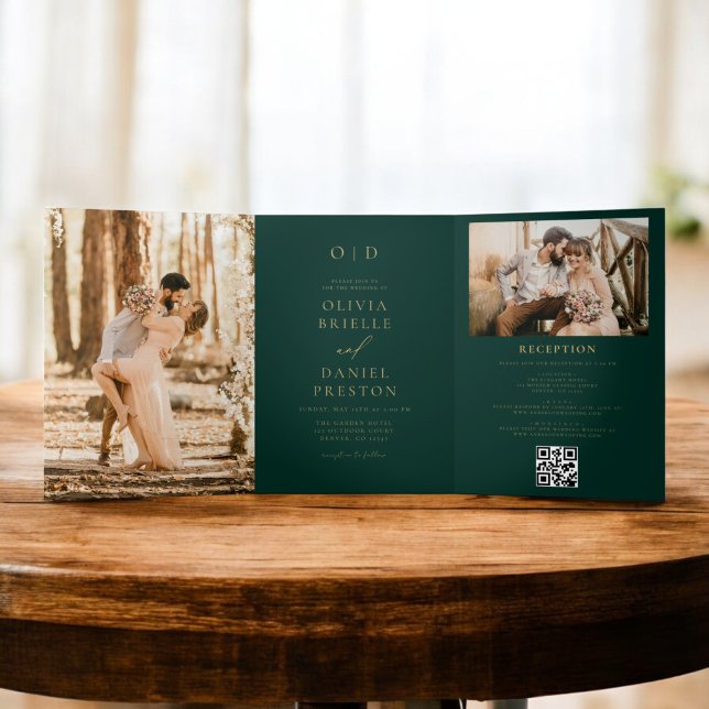 Invitación Tríptica Boda verde esmeralda de dos fotos de oro moderno (Subido por el creador)