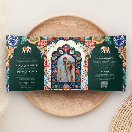Invitación Tríptica Boda verde esmeralda del elefante de arte folclóri