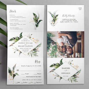 Invitación Tríptica Boda Verde Foliage Tropical Todo En Uno