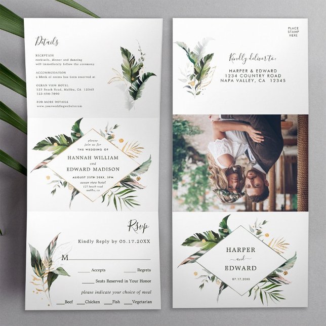 Invitación Tríptica Boda Verde Foliage Tropical Todo En Uno (Inside & Outside)