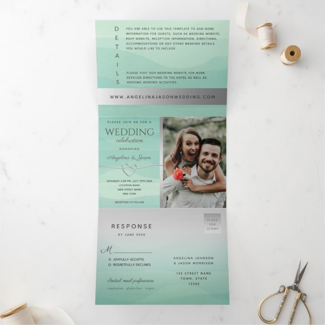 Invitación Tríptica Boda verde mínimo moderno (Interior)