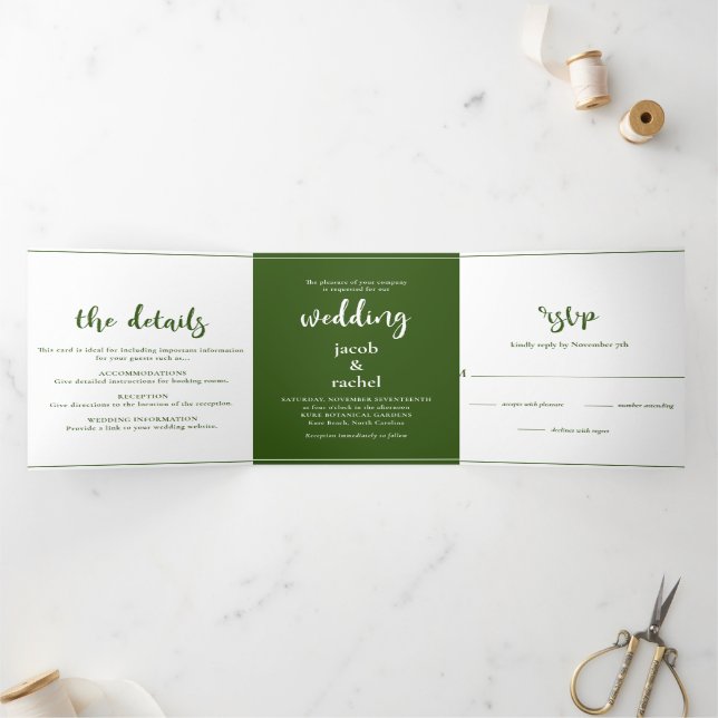Invitación Tríptica Boda verde oscuro del bosque de guiones minimalist (Interior)