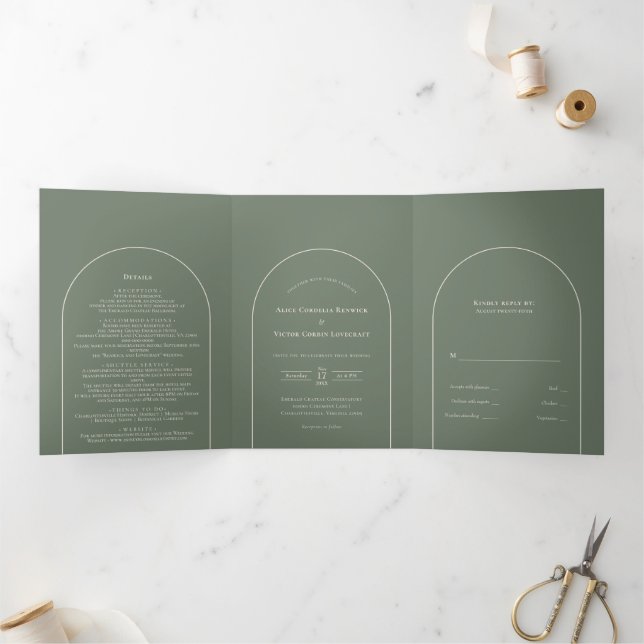 Invitación Tríptica Boda Verde Sage del Boho Arch Simple (Interior)