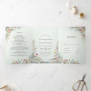 Invitación Tríptica Boda Vintage de Flores Silvestres y Helechos en Ve