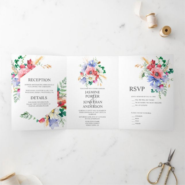 Invitación Tríptica Boda Watercolor Meadow Wildflowers | (Interior)
