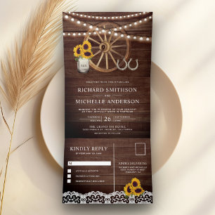 Invitación Tríptica Boda Western Herradura Girasoles Madera Rústica