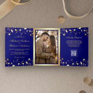 Invitación Tríptica Bodas Código QR Azul Real Confeti Estrellas Dorada
