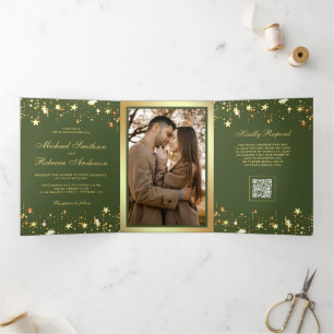 Invitación Tríptica Bodas Código QR Confeti Verde Oliva Estrellas Dora