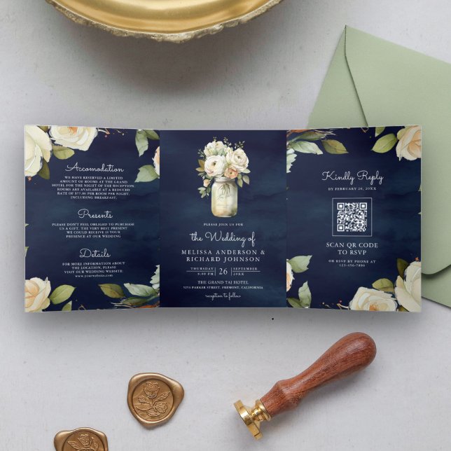 Invitación Tríptica Bodas Código QR en Tarro de Mason Rosas Blancas Az (Subido por el creador)