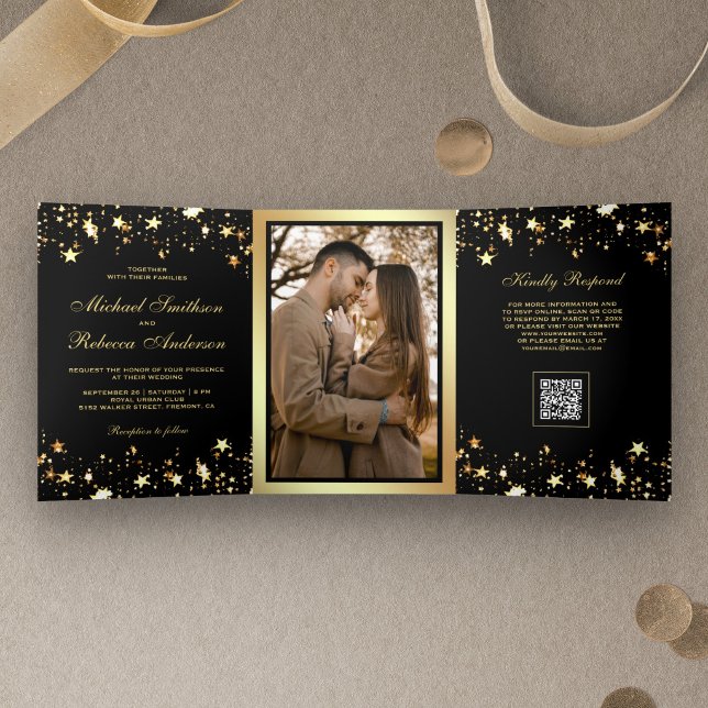 Invitación Tríptica Bodas Código QR Negro Confeti Estrellas de Oro (Subido por el creador)
