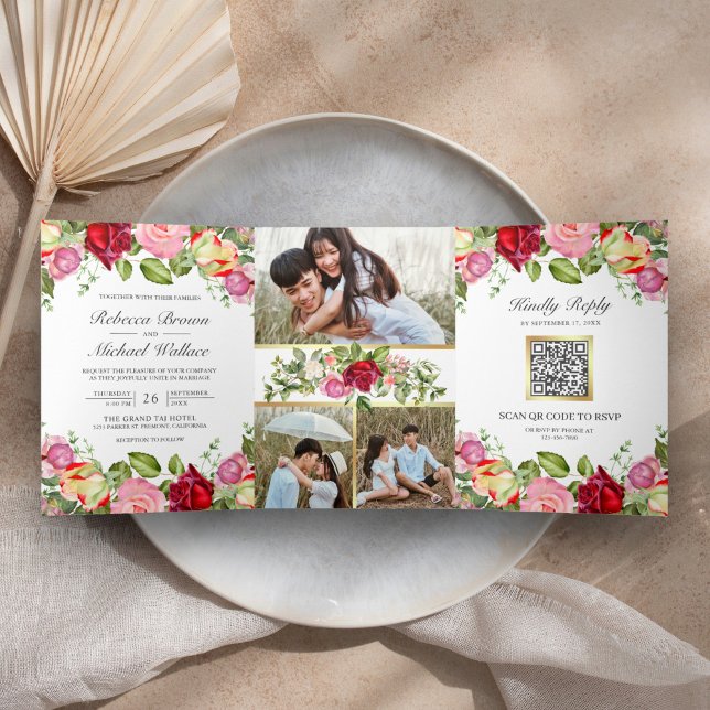 Invitación Tríptica Bodas con Código QR de Rosas Rosadas y Rojas Román (Subido por el creador)