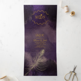 Invitación Tríptica Bodas con pinceladas negras violetas abstractas