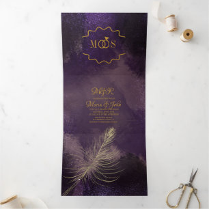 Invitación Tríptica Bodas con pinceladas negras violetas abstractas