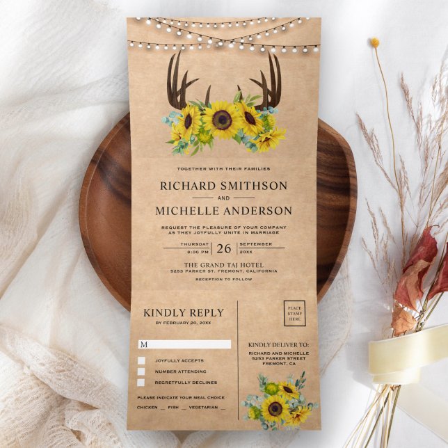 Invitación Tríptica Bodas de Antler Floral de Girasoles Kraft Rústico (Subido por el creador)