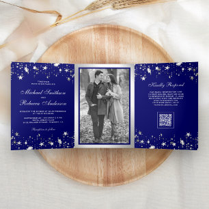 Invitación Tríptica Bodas de Código QR Azul Real Confeti Estrellas de