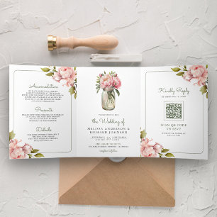 Invitación Tríptica Bodas de código QR de flores de peonía rosa suave